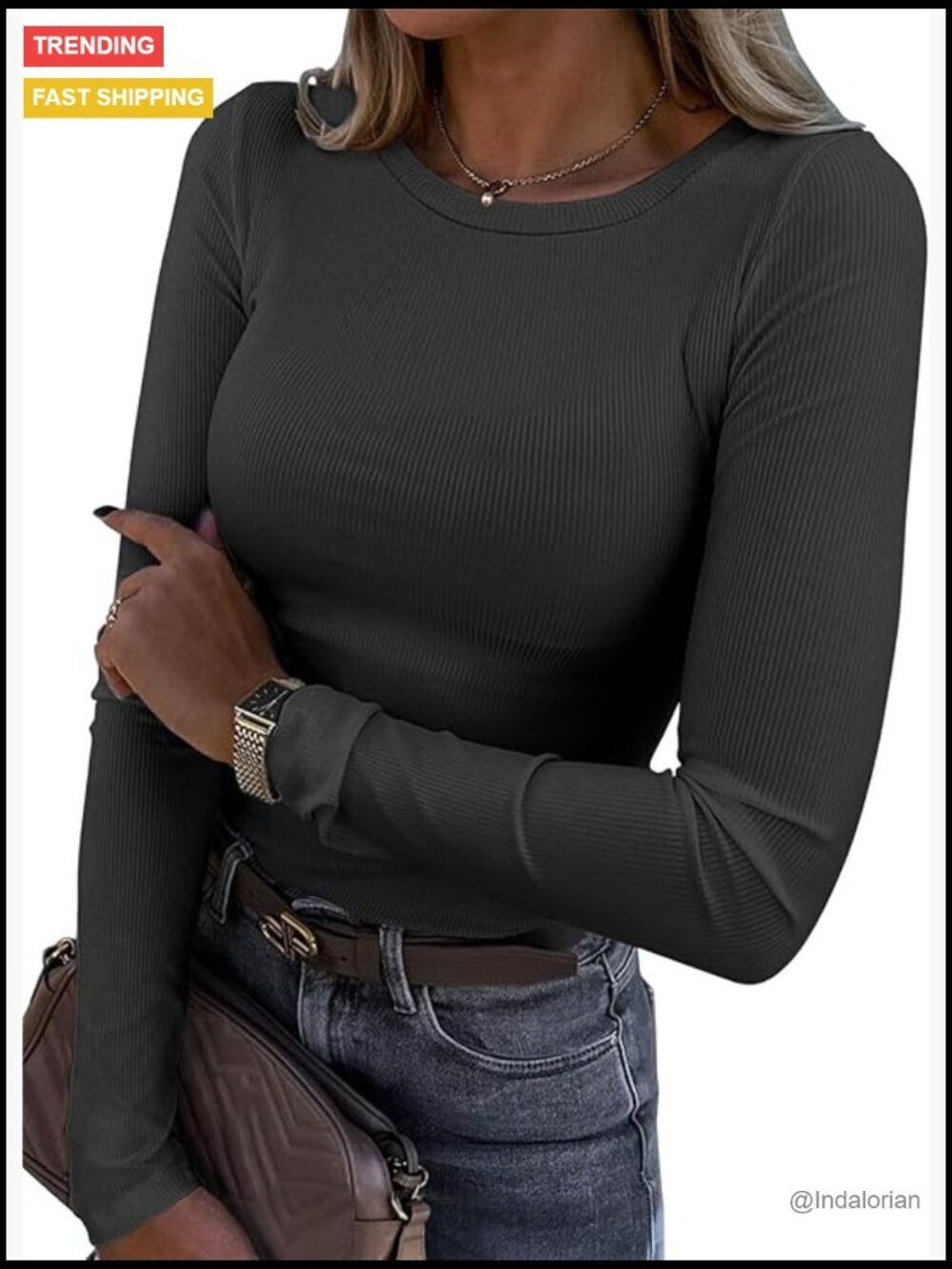 Long Sleeve Ribbed Knit T-Shirt Fitted Casual Basic Crewneck
